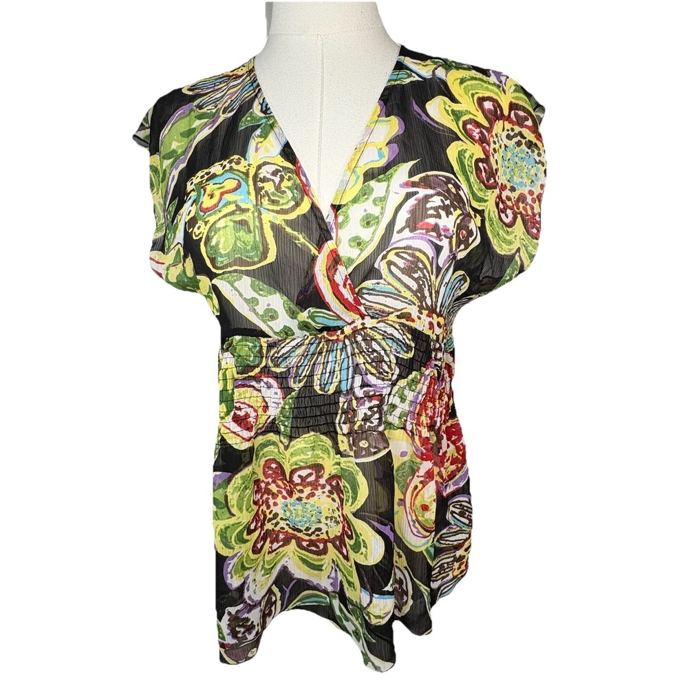 Bisou Bisou Blouse Sheer Top Colorful Floral Bold 90s Y2K Hippie Medium Cosplay